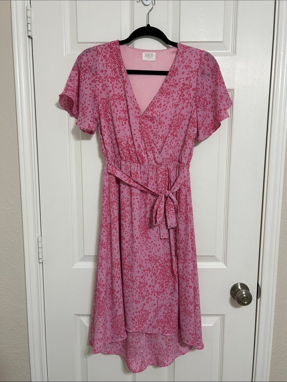 Pink Floral Wrap Midi Dress with Tie Waist